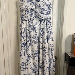 LOFT Blue Floral Bird Toile Ruched Bodice Midi Sundress Size 18 NWT